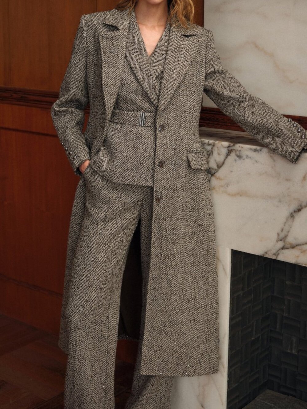 Brown Elegant Women's Herringbone Sequin Waist-Cinching Single-Breasted Overcoat